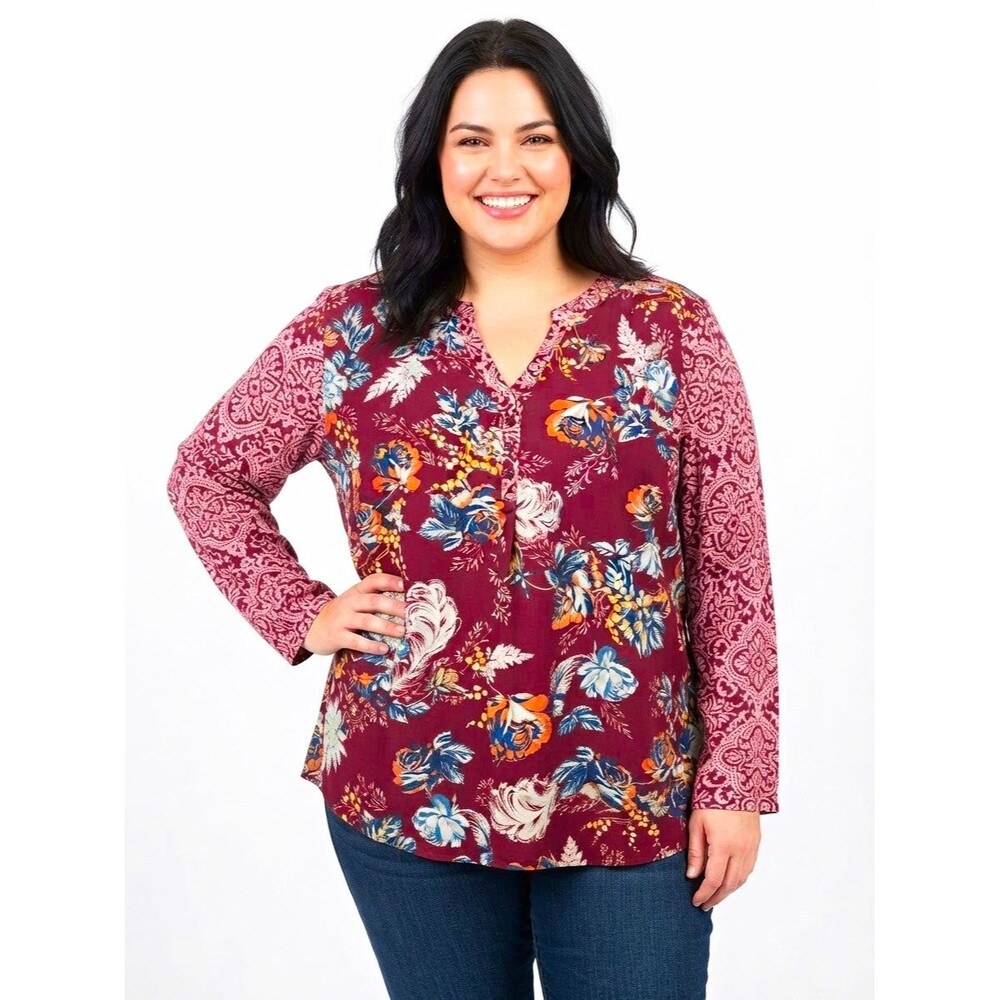 d&co. Peasant Top Womens 2X  Burgundy Floral V-Neck Button trim LS Cottagecore